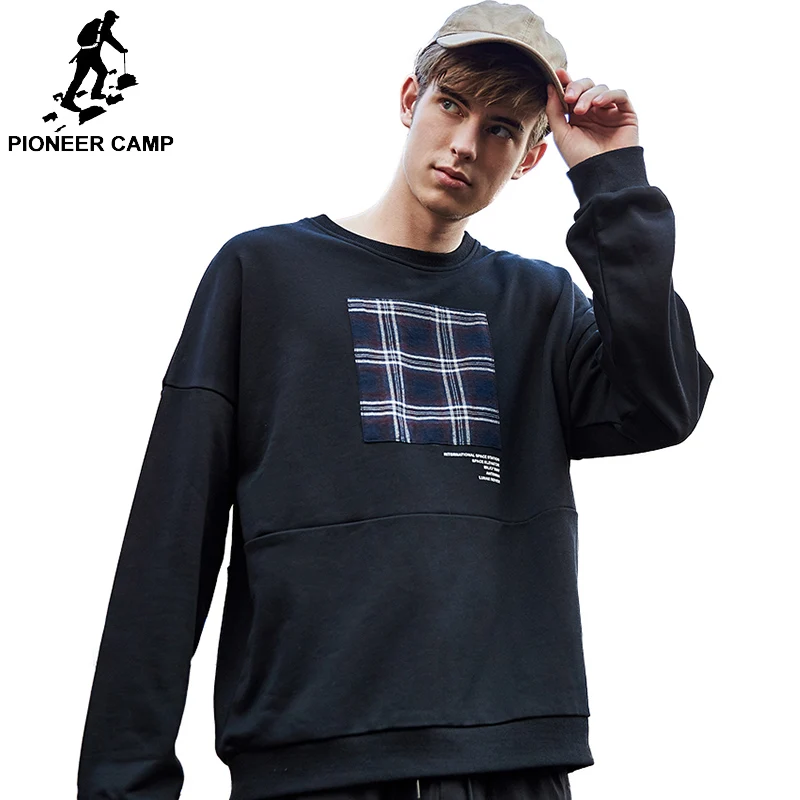 

Pioneer camp hoodies sweatshirt men brand clothing fashion plaid patchwork letter printed sweatshirt male loose high quality