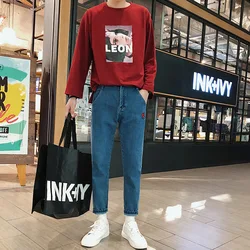 2019 spring new youth loose explosions jeans slim straight male red love embroidery color blue nine pants men's clothing 2019 spring new youth loose explosions jeans slim straight male red love embroidery color blue nine pants men's clothing