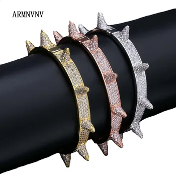 

ARMNVNV Micro Paved Cubic Zirconia Stone Rivet Spike Open Cuff Bangle Women CZ Bracelet Men Hip Hop Bling Iced Out Jewelry