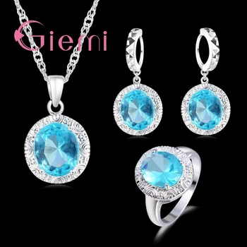 

Luxury 925 Sterling Silver Engagement Wedding Jewelry sets Trendy Modern Round Zirconia Crystal Earring & Necklace