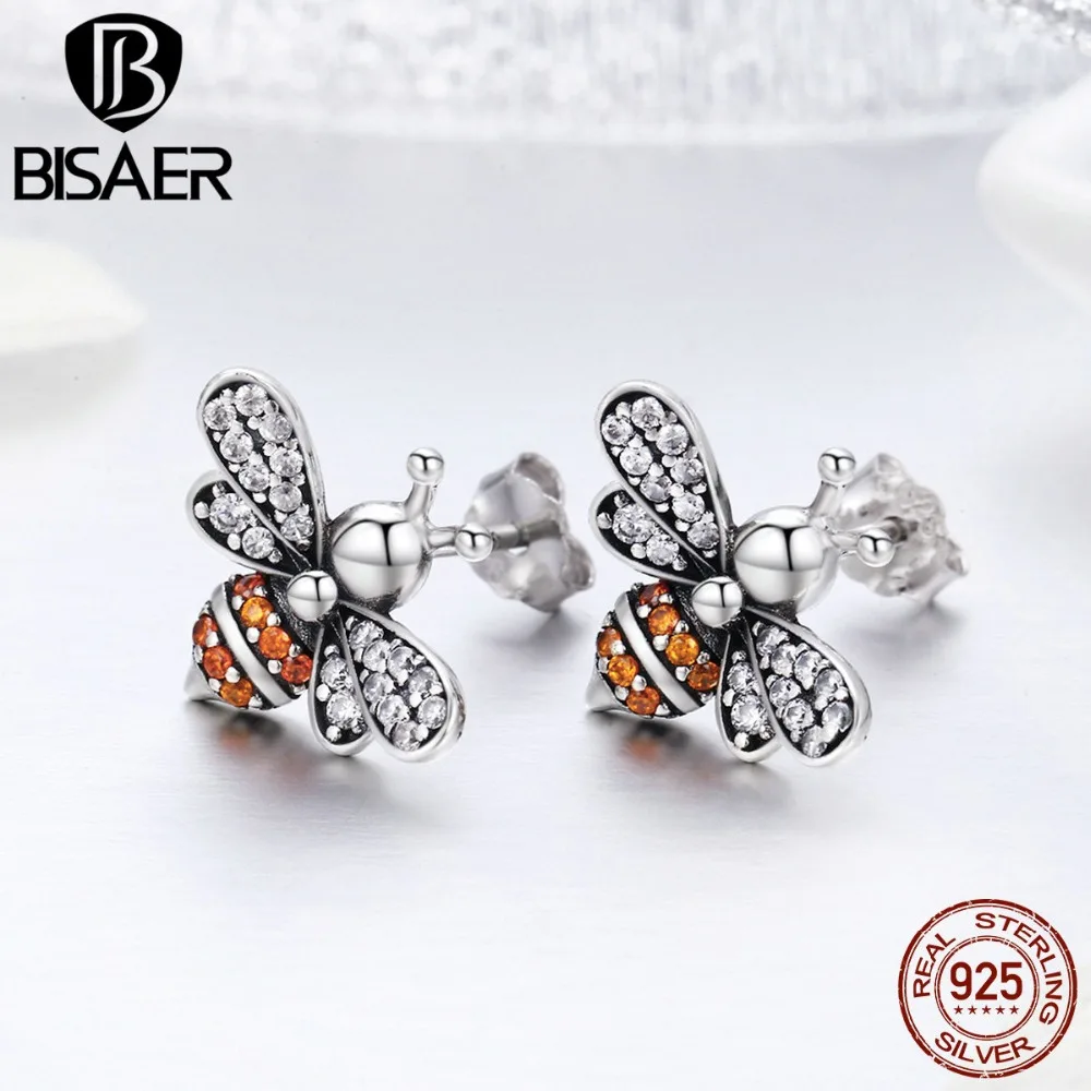 

BISAER HOT SALE 925 Sterling Silver AAA CZ Busy Bees Insects Stud Earrings for Women Luxury Fine Silver Jewelry Brincos HSE344