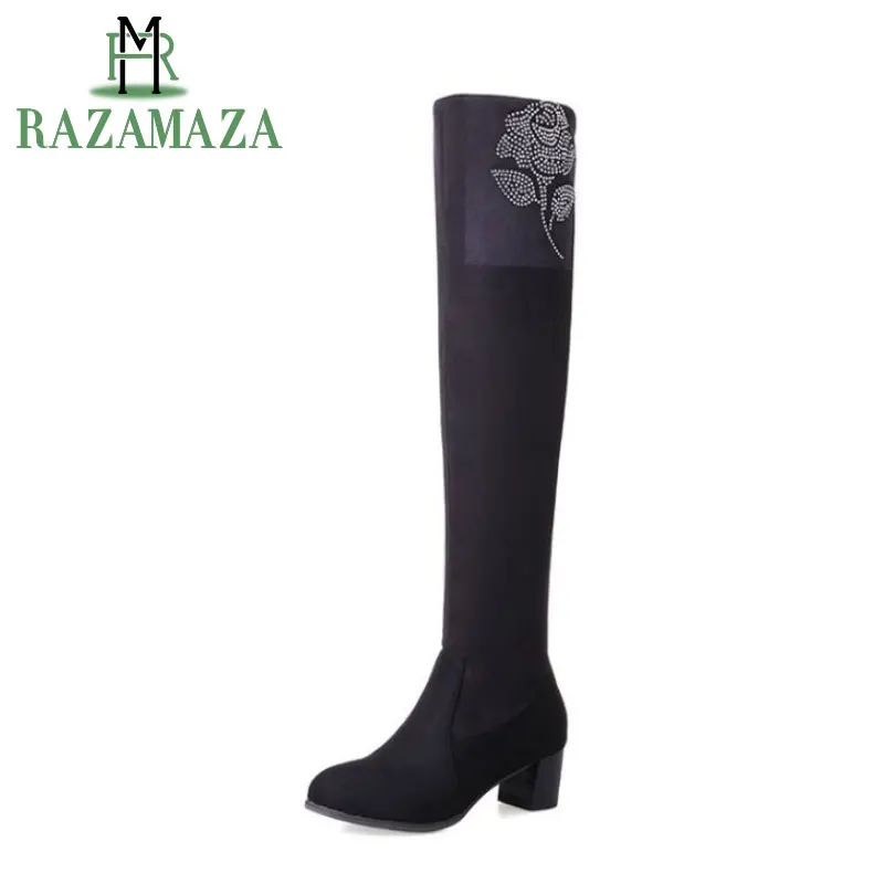 

RAZAMAZA Size 33-43 Women Over Knee High Heel Boots Flower Beading Long Boots Winter Snow Botas Warm Shoes For Women Footwears