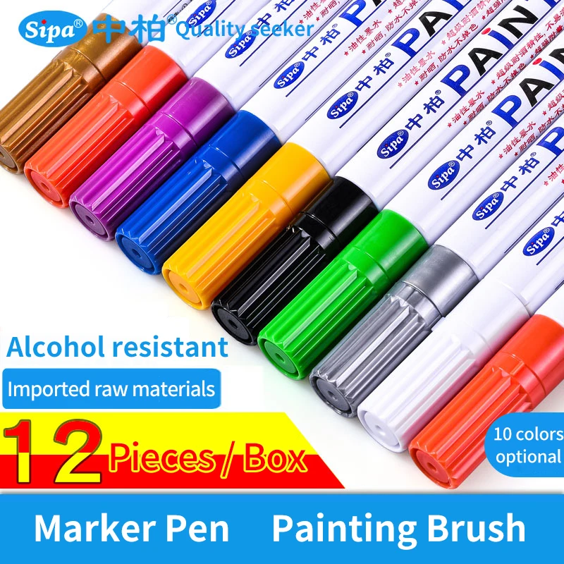 

DIY Graffiti Oily Brush Marker Pen 12Pcs Colorful Waterproof Pen Car Tyre Tire Tread CD Metal Permanent Paint Marker Pen SP189