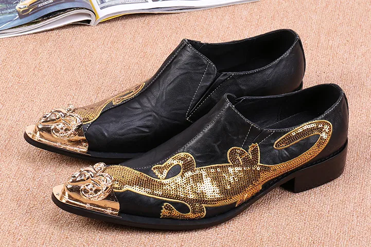 

Personality iron toes casual slip on leather shoes men new fashion pointed toes casual dress shoes summer carved breathbale shoe