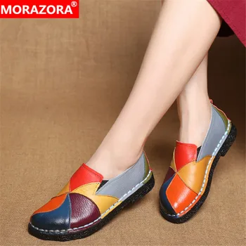 

MORAZORA 2019 new arrival genuine leather women flats Retro ethnic style mixed color spring summer shoes ladies flat shoes