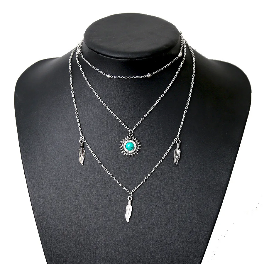 

Hot Fashion Bohemia Multi-element DIY Retro Feather Leaves Pendants Necklaces Round Gear Multilayer Chokers Necklaces For Women