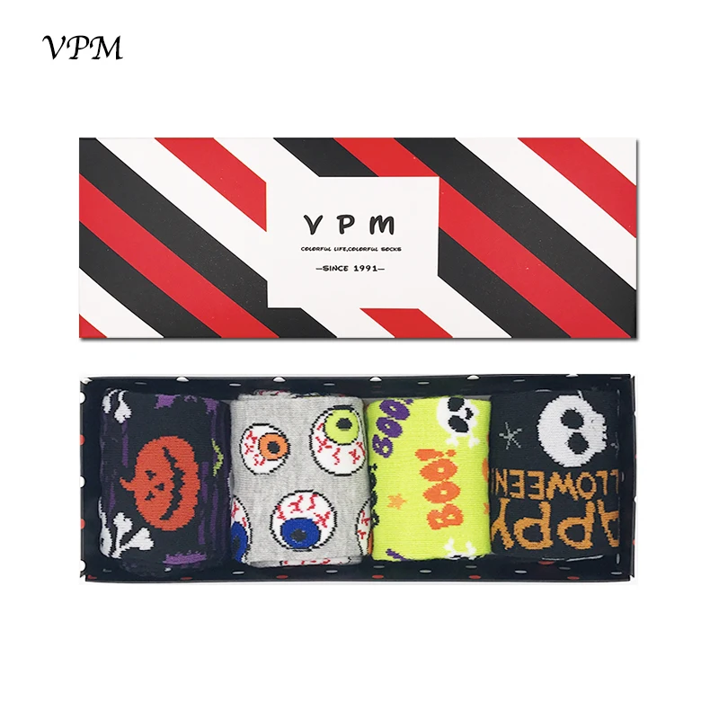 

VPM 4 Pairs/Lot Halloween Women Socks Pumpkin Ghost Eyes Harajuku Funny Socks Best Gift Box
