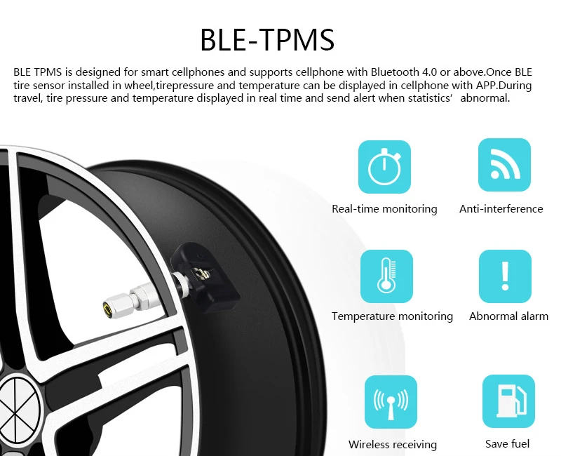 Новейший датчик давления в шинах BLE TPMS для мониторинга автомобиля Bluetooth 4,0 TPMS 4 внутренний/внешний датчик для Android iOS