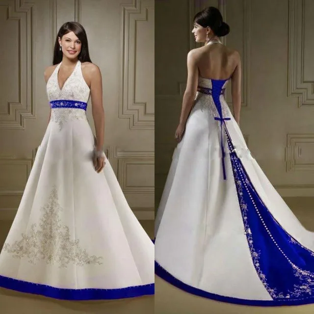 С лямкой на шее бело-Королевского синего цвета, свадебные платья с вышивкой и бусинами пятно в винтажном стиле, на шнуровке, для невесты платье vestido de noiva