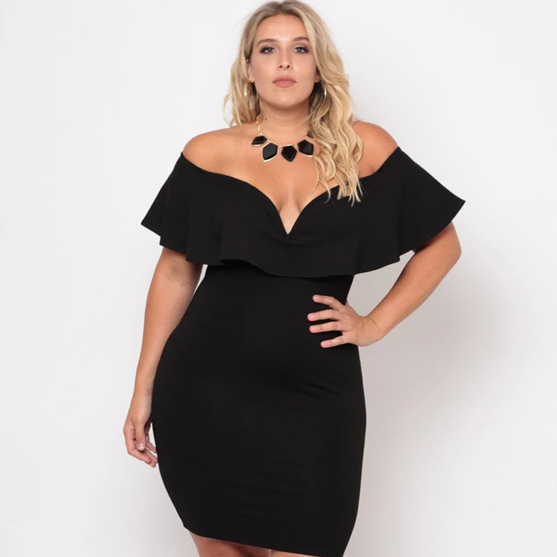 Sexy Plus Size Knitted Party Dress Summer Lady's Deep V Ruffled Off Shoulder Cocktail Prom Gown 