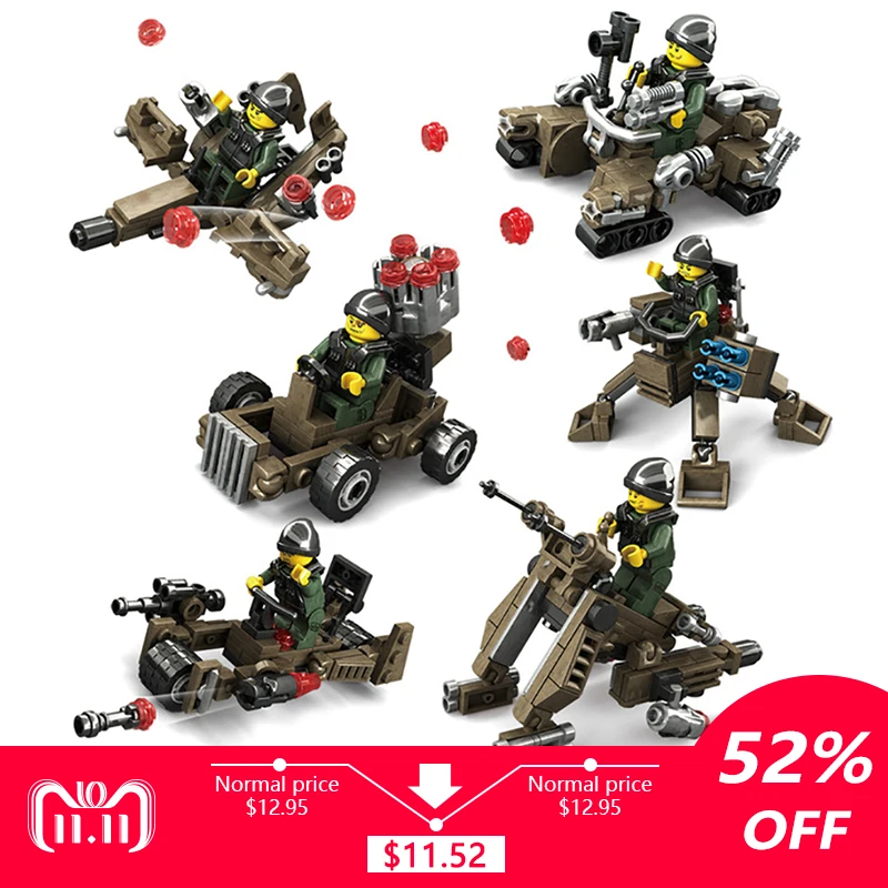 

KAZI 6 set a lotTransformation Weapons Military Armored Car Robot Action Figures Building Blocks Compatible Building Block7701-6