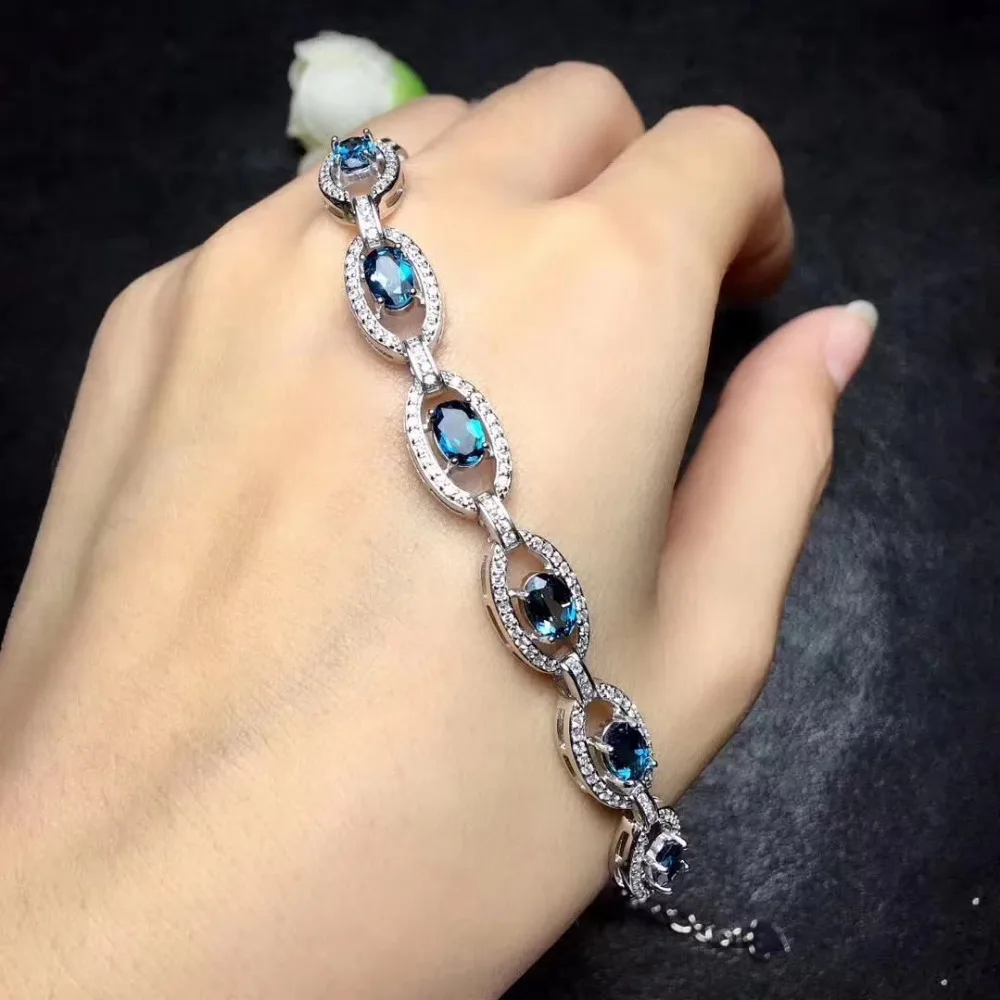 Bracelet de topaze bleue naturelle Bracelet de pierres précieuses naturelles 925 bracelet en argent