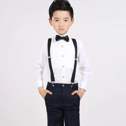 

Straps+shirt+bow tie+pants)Boy Clothes Suit Kid 4 Pcs Lattice Bib overall Children Spring Autumn Formal Clothing Set For Wedding