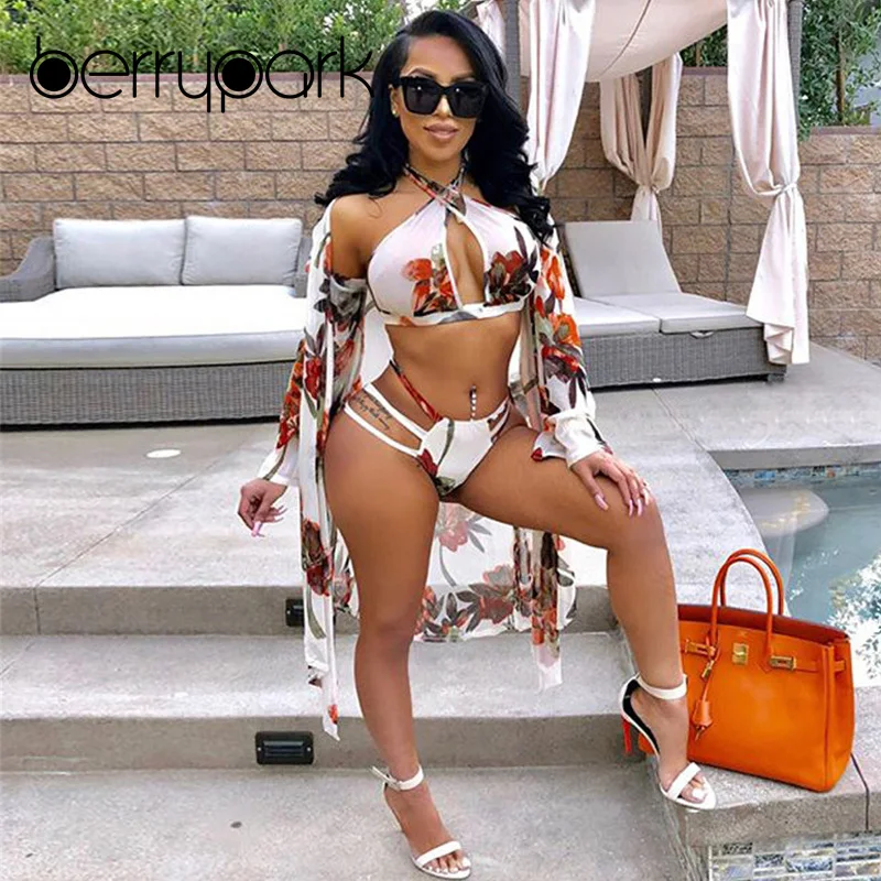BerryPark Bikini+Cove Up 3PCS Set 2019 Summer Sexy Thong High Cut Swimwear Women Floral Print Swimsuit Beach Cardigan Swim Wear BerryPark Bikini+Cove Up 3PCS Set 2019 Summer Sexy Thong High Cut Swimwear Women Floral Print Swimsuit Beach Cardigan Swim Wear