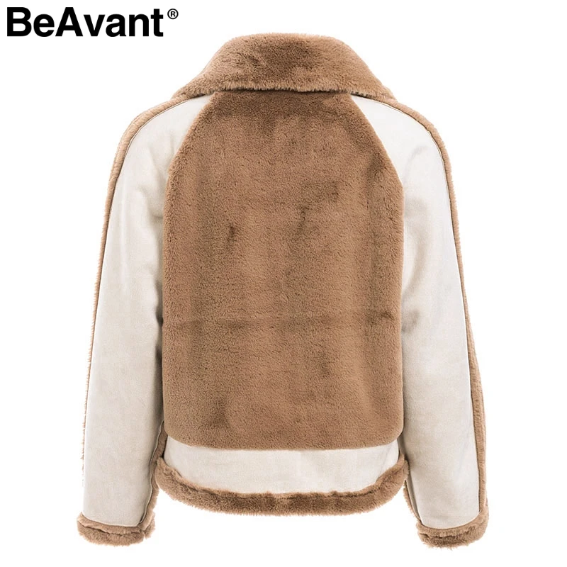 BeAvant Warm khaki fur winter woman coat 2018 Zipper pocket faux fur jacket coat women casual patchwork suede outerwear autumn