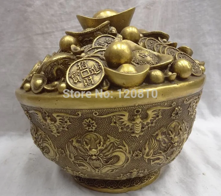 

9" Chinese Brass Wealth FengShui 9 Dragon Head Statue YuanBao Saving Pot Bank