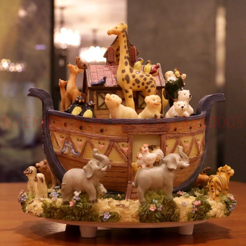 

automatic swivel Noah's Ark animal world resin music box 3pcs