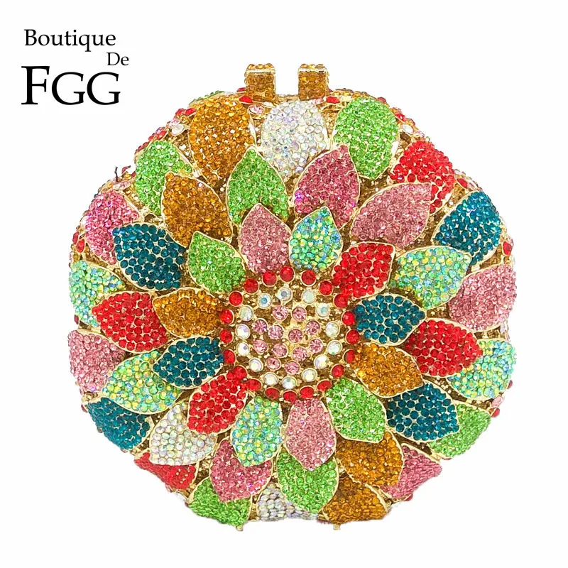 Dazzling Flower Bud Hollow Out Circular Multi Crystal Clutch Purse Women Evening Bags Metal Minaudiere Chain Shoulder Handbags