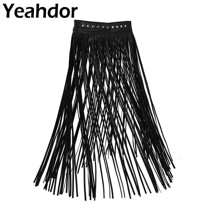 

Womens Sexy Tassel Skirts Goth Hippie Boho Waistband Long Fringe Black Leather Tassel Skirt High Waist Skirt Holographic Skirt