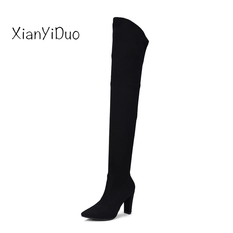 

Xianyiduo Autumn shoes Women's Boots Pointed Toe Micro stretch shaft Thigh-high stretch suede plus size34-43 Over the Knee /636