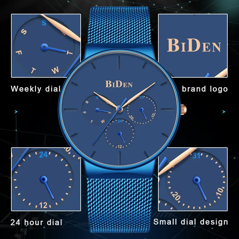 Модные мужские часы BIDEN, водонепроницаемые тонкие сетчатые часы, минималистичные наручные часы для мужчин, Кварцевые спортивные часы, Relogio Masculino