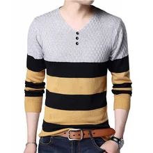 Повседневный мужской свитер с v-образным вырезом в полоску, облегающий мужской свитер с длинным рукавом в стиле пэчворк, Мужской пуловер, свитер, одежда ESLITE HYUN