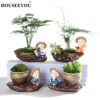 

Succulents Flower Pots Ceramic Creative Green Plant Mini Cute Desktop Monk Flowerpot with Cartoon Figures Garden Micro Landscape