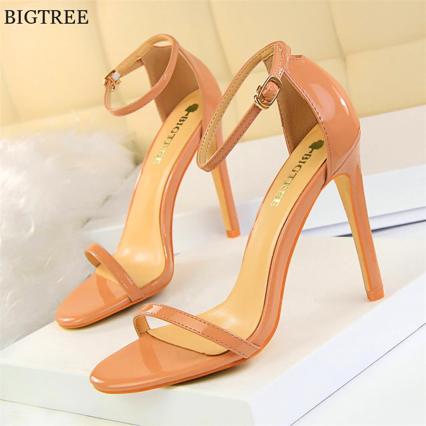 

Summer Concise Buckle Women's Dress Sandals Super High Heels Pumps Open Toe Red Wedding Sandals Women Thin Heel Patent Leather