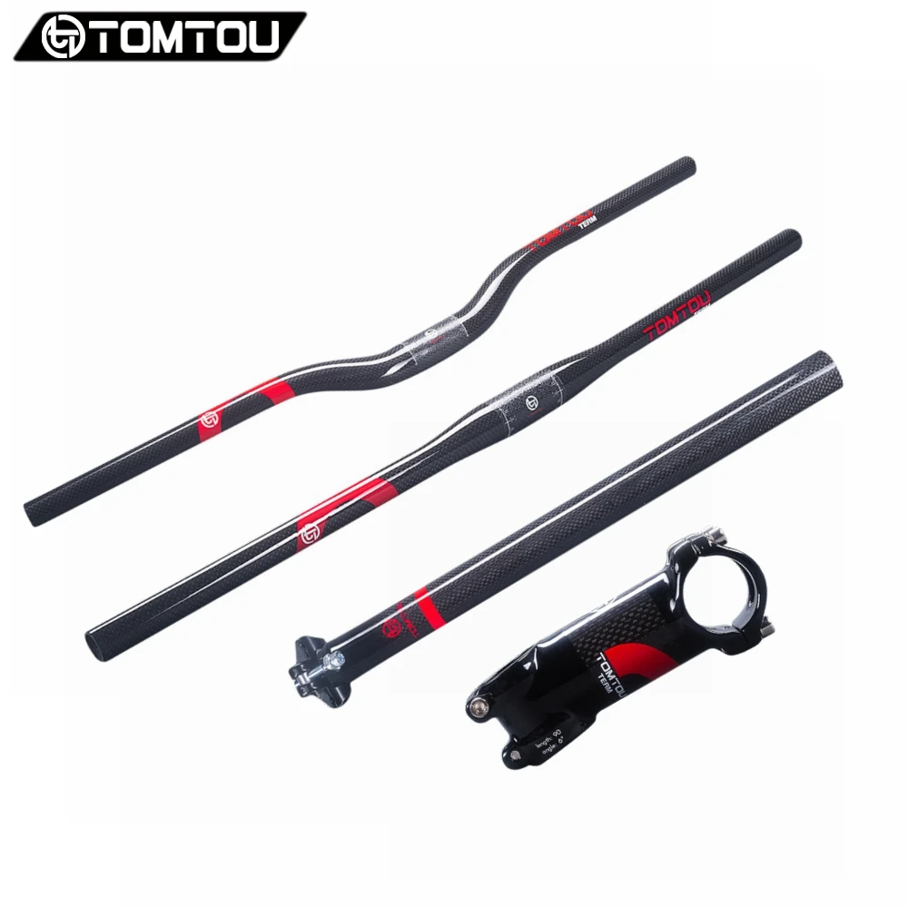 TOMTOU Carbon Fiber Bike MTB Bar Set Flat Riser Handlebar + Stem