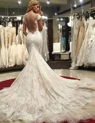 Vestido de novia Винтаж пикантные Свадебные платья Русалка спинки Милая декольте кепки рукава трубы кружево