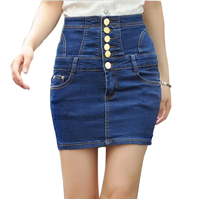 High waist Ladies Jeans Skirt Dark Blue Black Button Front Denim Skirt ...