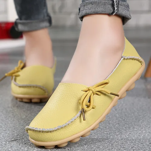 Женская обувь; кожаные лоферы без шнуровки; Однотонный светильник; женская летняя обувь на плоской подошве - Цвет: light yellow