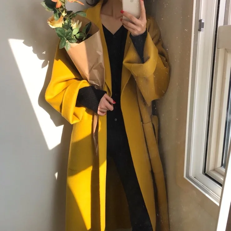 Feminino amarelo elegante inverno lã casaco longo