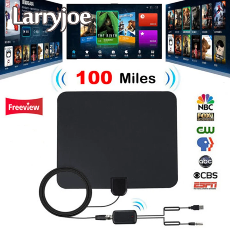 Larryjoe High Quality Stable Digital TV Antenna Indoor antenna digital hdtv with Signal Amplifier 25dBi Aerial Flat Design