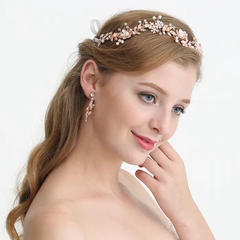 

Trendy Rose Gold Leaves Floral Tiara Bridal Crown Pearl Hair Accessories Wedding Headpiece Girl's Party Headdress Gift