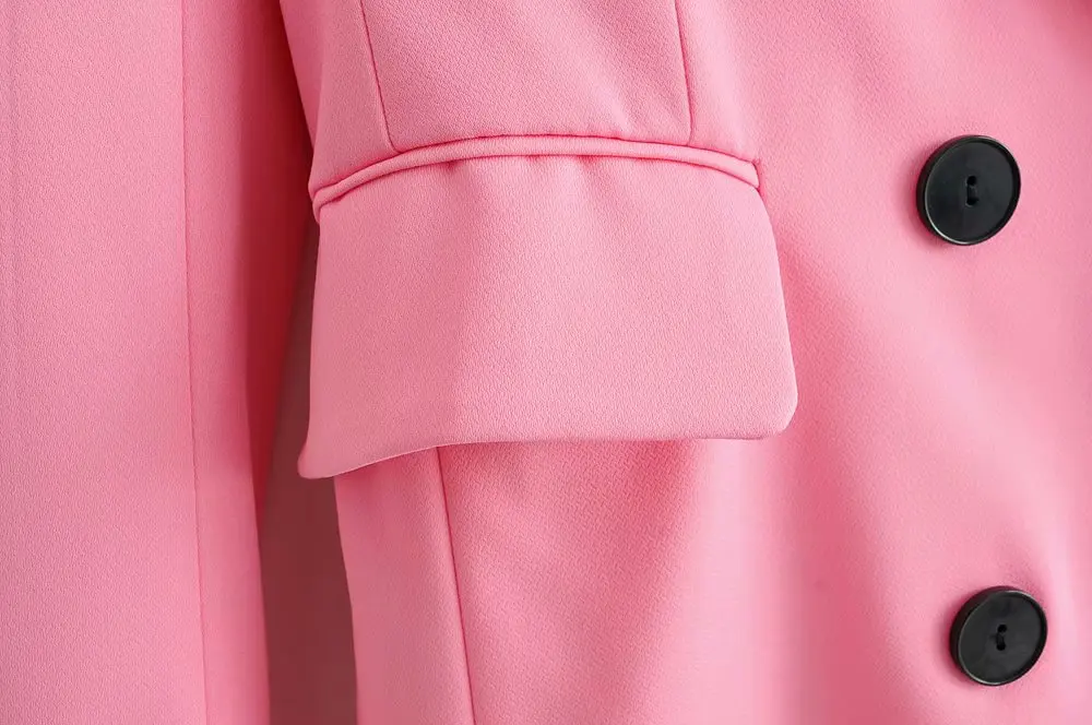 Женский стильный розовый блейзер, двубортный, с карманами, с длинным рукавом,, повседневное одноцветное пальто, женская офисная одежда, верхняя одежда, топы