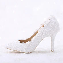 Elegant White Lace and Pearl Pointed Toe Bridal Wedding Shoes Women Thin Heel Romantic Dance Shoes Handmade Birthday Party Pumps