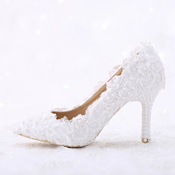 

White Lace and Pearl Bridal Wedding Shoes Pointed Toe Women Thin Heel Comfortable Dancing Shoes Handmade Birthday Party Pumps