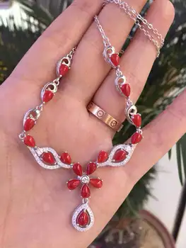 شراءالطبيعية المرجان الأحمر قلادة الأحجار الكريمة الطبيعية قلادة قلادة للفتيات النساء السيدات الأزياء الفاخرة الزهور الزفاف غرامة مجوهرات