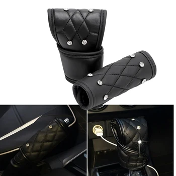 

2Pcs/Set Universal Car Handbrake Protector Padding Gear Shift Knob Cover Leather Auto Crystal Shiny Hand Brake Gear Cover Black