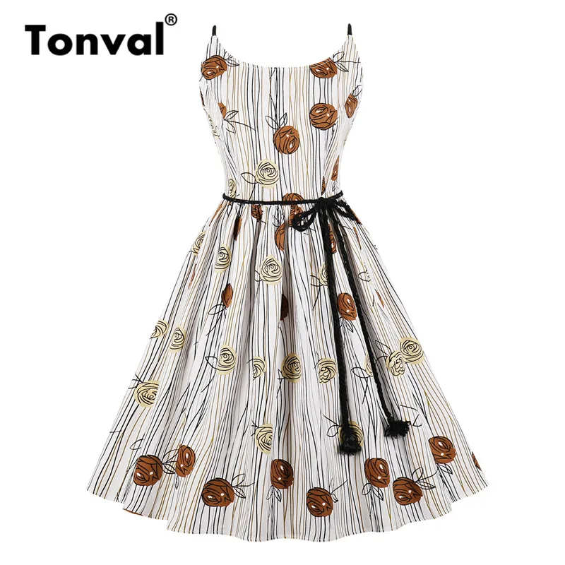

Tonval Floral Print Striped Cotton Casual Dress Women Vintage Retro A Line Dress 2018 Spaghetti Strap Summer Dresses