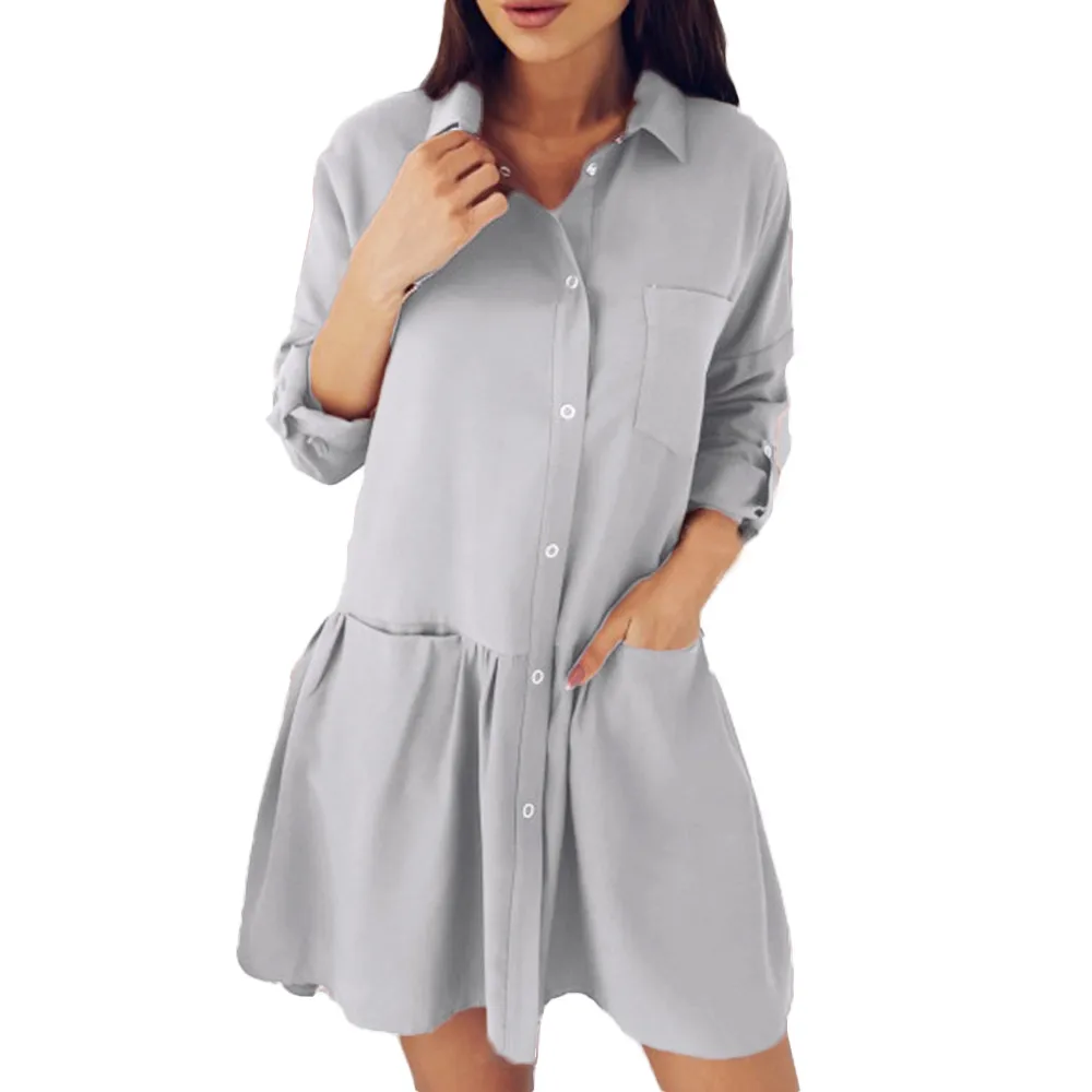 Autumn Women Party Dress 2018 Elegant Button Pocket Long Sleeve Ladies