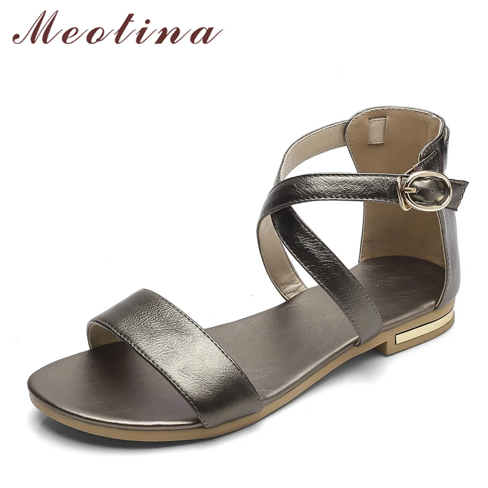 

Meotina Genuine Leather Women Sandals Block Heel Summer Shoes Open Toe Ladies Flat Shoes Buckle 2018 Female Footwear Size 33-46