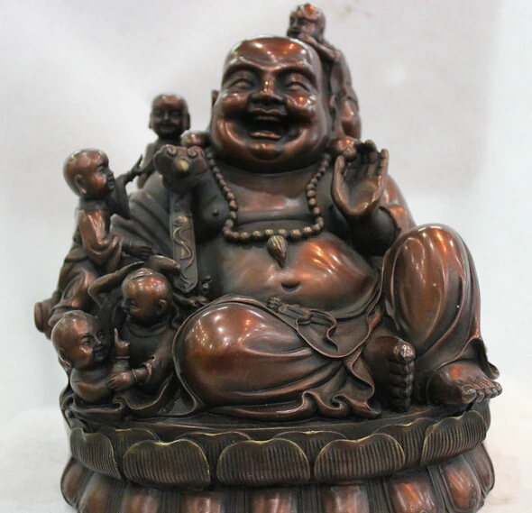 

Free Shipping JP S62 11" Chinese Fengshui Buddhism Bronze Happy Laugh Maitrey Buddha & 5 Kids Statue