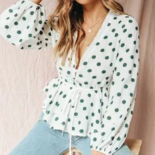 Sexy polka dot long sleeve women blouses and tops V neck pullover lace up blouse shirt Summer elegant female white tops Sexy polka dot long sleeve women blouses and tops V neck pullover lace up blouse shirt Summer elegant female white tops