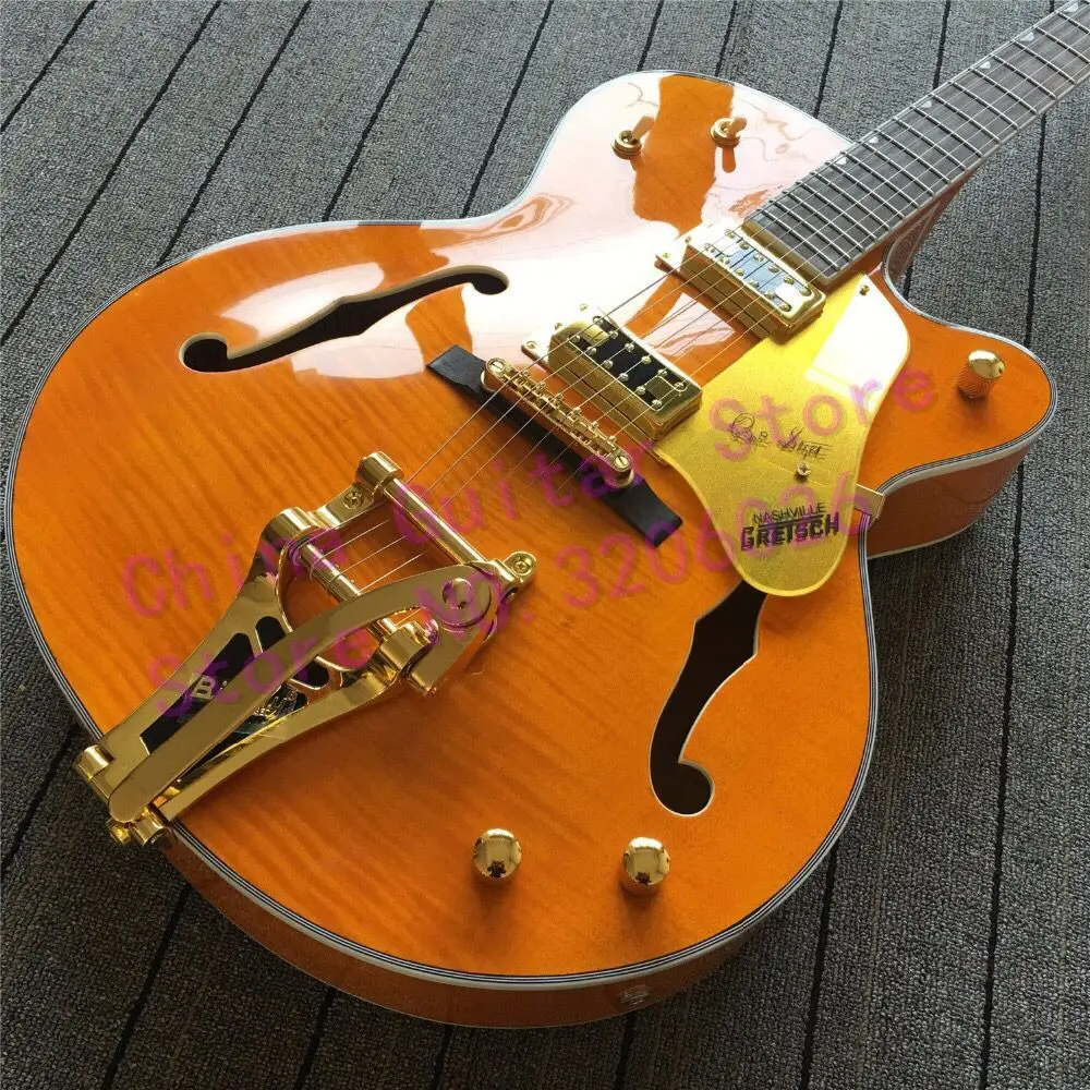 

orange brian setzer jazz guitar with flame maple top;ree shipping