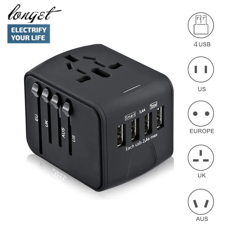 Goede LONGET Travel Adapter Internationale Universele Adapter Alle in een met 3.4A 4 USB Wereldwijd Lader voor UK EU AU Azi euml;