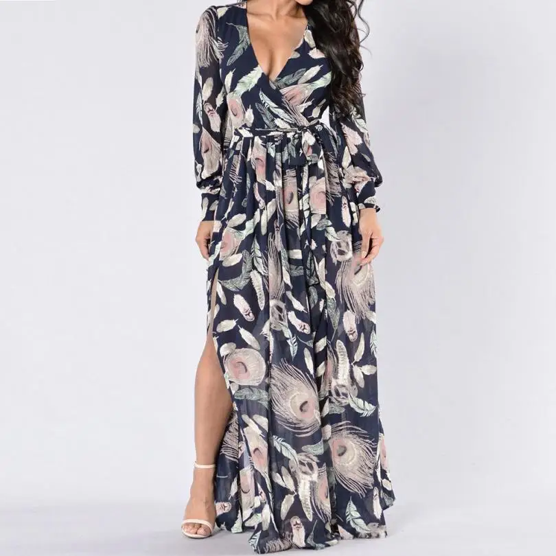 

KANCOOLD Dress Women V-Neck Long-Sleeved Printed Sashes Dress Long Double Slit Sexy Large Size dress women 2018AUG3