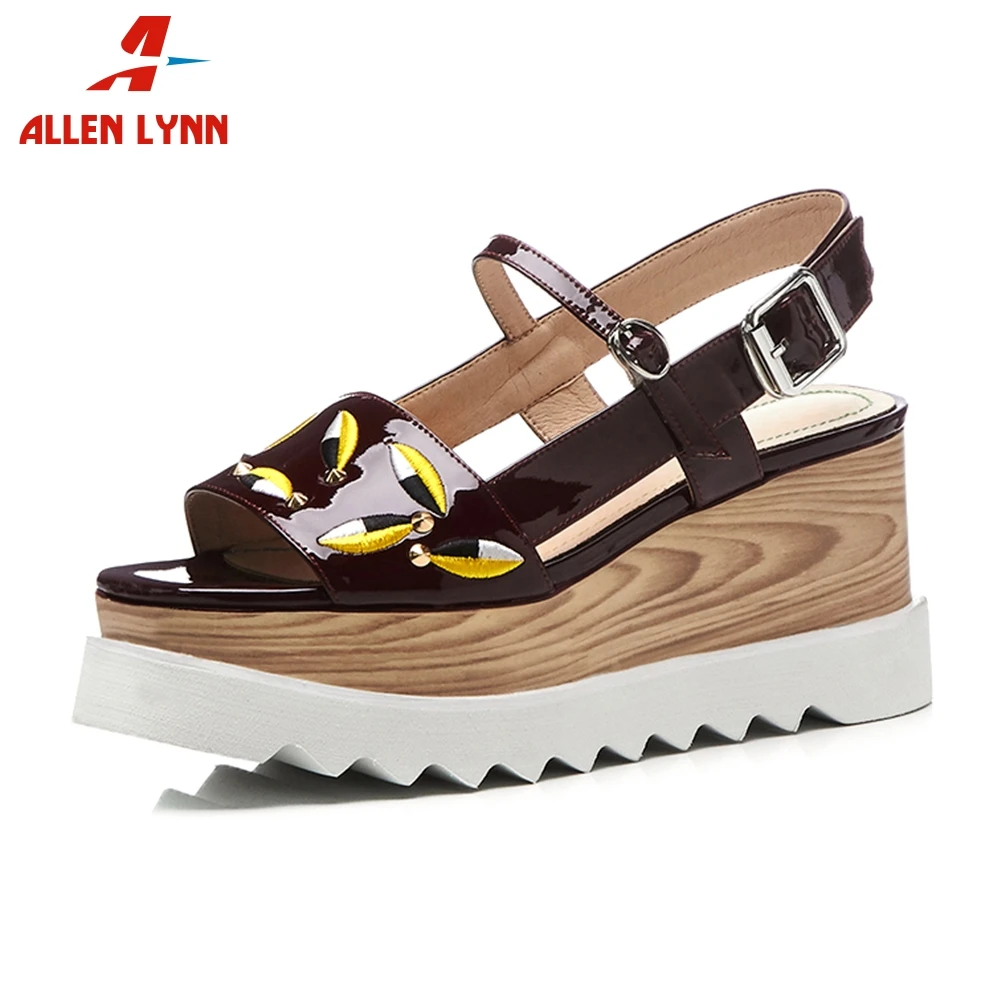 

ALLENLYNN 2019 Summer Fashion Quality Patent Cow Leather Sandals Women Big Size 33-41 Embroider Platform Wedges Shoes Woman