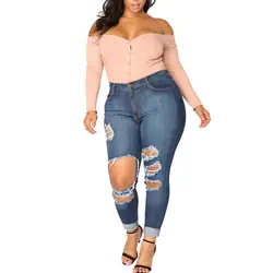 Большой отверстие рваные джинсы Высокая талия полная длина Жан для женщин синий Стрейчевые джинсы плюс размеры узкие брюки